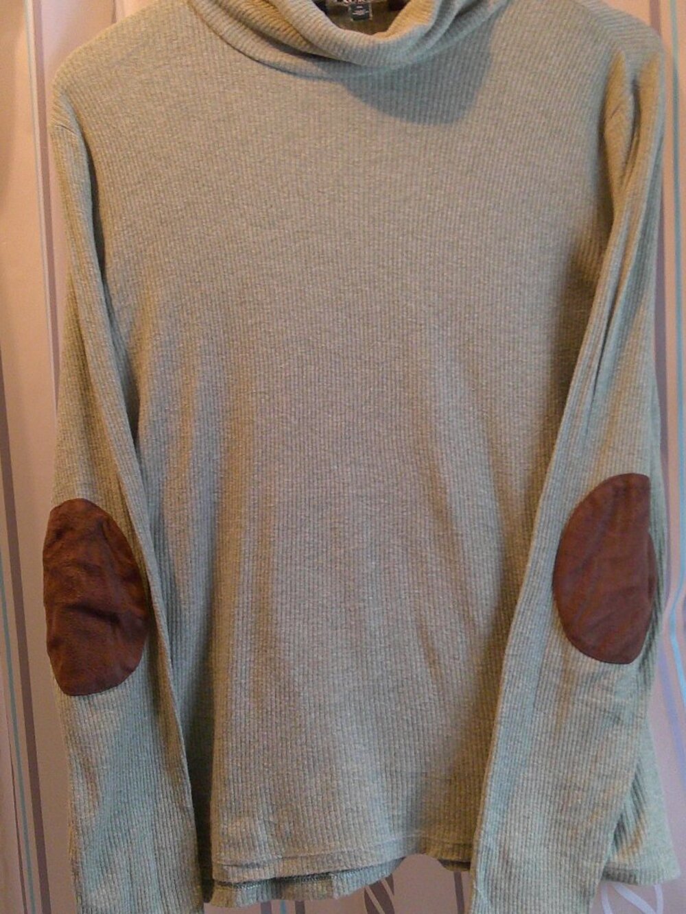 "Lauren Ralph Lauren" Ribbed Turtleneck Sage Green Suede Elbows Shirt Woman XL